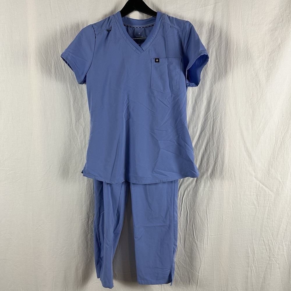 Beyond Scrubs Women Medium Ceil Blue Scrub Set Top Pants Stretch Medical Nurse - Picture 2 of 16